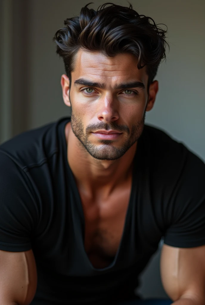 Handsom guy with broad shoulder warring black shirt is hugginh his every abs and body with black hair and grey eyes wavey hair with DNA OF GREEK,FRENCH AND AMWARICAN