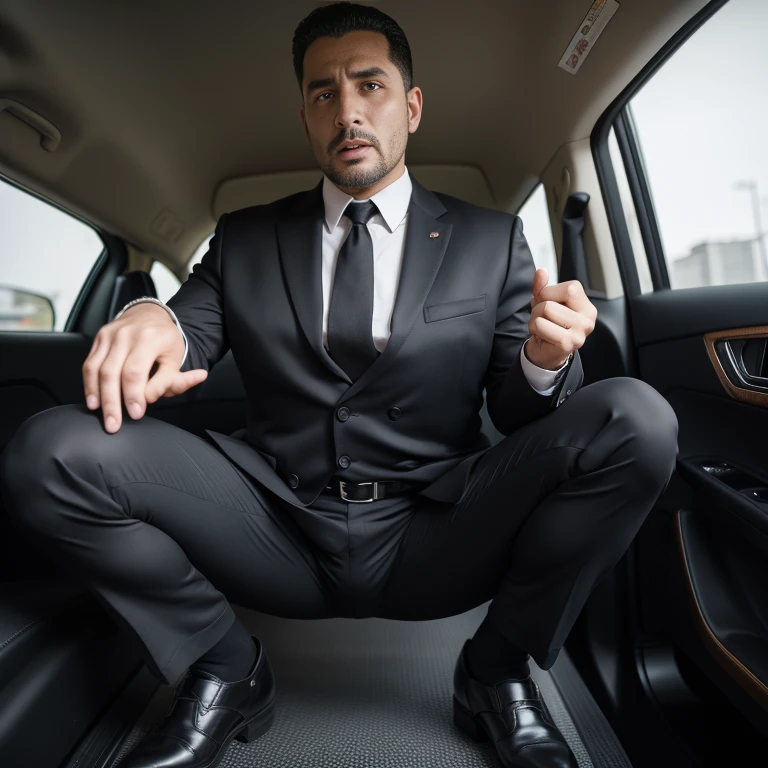 40-year-old male,Black suit,Inside the car、mafia、Tall man、Squat with your legs wide apart、I have an erection、The crotch area of the pants is bulging,logic,Gay ,Very short hair、、Stubble,Iraqi face,Hermes Belt。Black socks、Equipped with a gun、Screaming under attack、Painful face