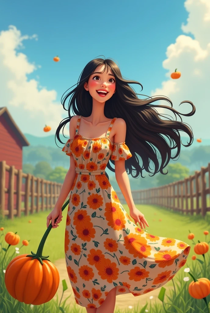 A 25-year-old girl，Black long hair，Floral dress，In the spacious farmyard，Background is fence，(((dishonesty)))Holding one(((Long pumpkin)))，Very happy smile，Pixar style，Anime style