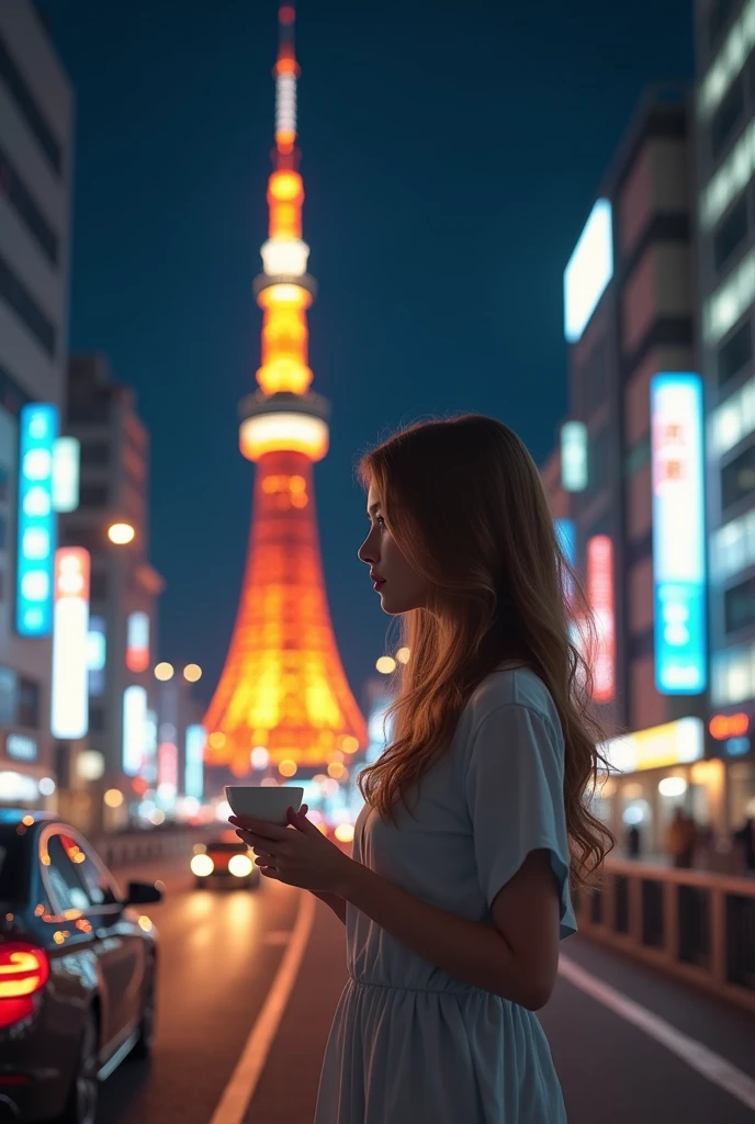 Beautiful girl stand near the Tokyo tower of Japan in night have light brown hairs with tea cup cars are moving aroundart illusion