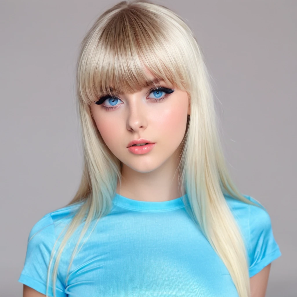 Unparalleled beauty, shiny shiny firm and shiny skin, bangs between eyes, shiny straight beautiful platinum blonde, super long straight silky hair, eyeliner, sexy beautiful innocent , high definition big big beautiful bright blue eyes, beautiful and lovely girl, baby face, short sleeve shirt
