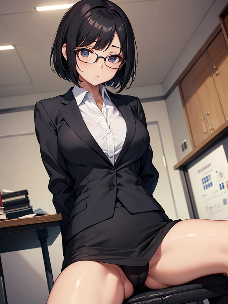 masterpiece, best quality, high definition images, atmospheric perspective, expressive eyes, perfect face, ultra detailed, solo,  1mature seductive woman, puzzled look, black short bob hair, simple glasses, female teacher, business suit, jacket, blouse, pencil skirt, tight mini skirt, lifting skirt, spread legs, focus black panties, curvy, thighs, pantyhose, high heals, from directly below, in study room,