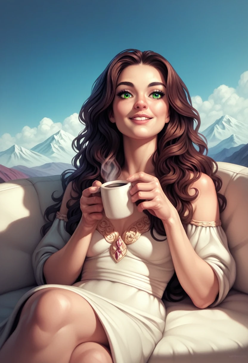 ((long shot)) brunette influencer with long, naturally wavy hair, green eyes, sexly, big , enjoying a coffee in the mountains, elegant and modern look, relaxing, Calm, extravagant , 8k, extremely detail, photorealestic, Details Complicated, Realistic skin texture, realistic hair, Textur, Happy, 8K UHD, best quality, High resolution, attention to details, very large , long shot, wide angle,(big boobs)