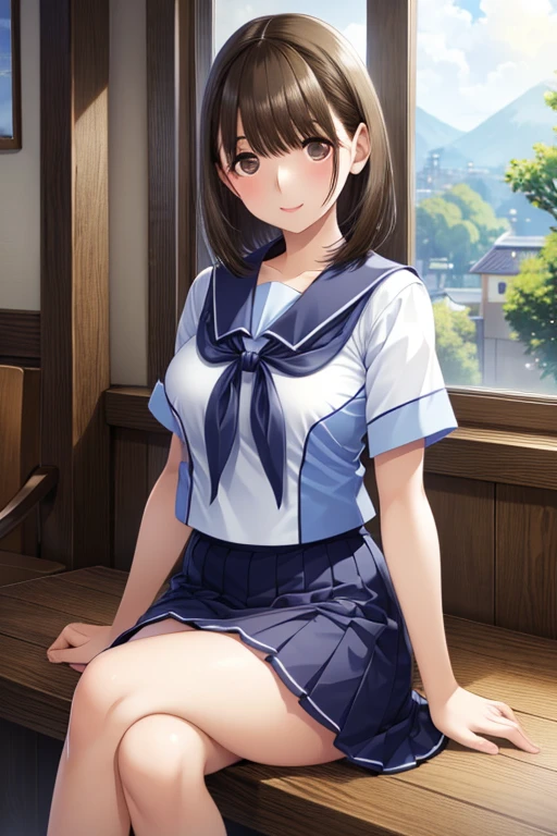 anegasaki nene、Shiny brown hair, short hair, (Beautiful brown eyes、Sparkling eyes, Fine grain)、smile、Ultra-detailed eyes、Highly detailed face, Highly detailed eyes,
(masterpiece,Highest quality,超High resolution),((please sit down、Crossing your legs))、
Japanese women, Highest quality、masterpiece、High sensitivity、High resolution、Detailed Description、Short-sleeved white sailor suit、Navy blue mini pleated skirt、Very short mini skirt、Bare thighs、、