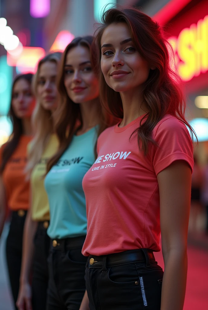 Beautiful sexy women wareing slim fit t-shirts brand name is ME SHOW TAG LINE LIVE IN STYLE