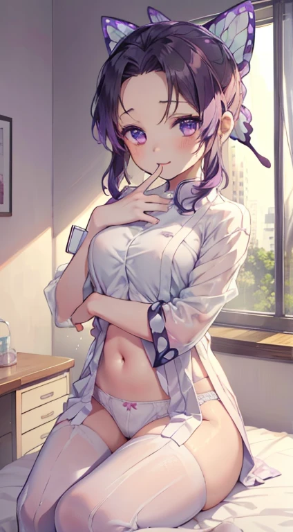 nsfw, kochou shinobu, Medium chest, yo, Nurse cap, 短い白のミニskirt, （Tabletop:1.3),(Highest quality:1.3), High resolution, Cooboy Shot, (pretty girl:1.3), solo, Big smile、(Wear glasses)、Wide forehead、Bob Purple Hair，Open your mouth ，caregiver，Hospital room、hospital，White nurse uniform，White nurse hat，Nurse attire、View your viewers，、Purple panties、skirt, The eyes are purple, Miraculous Eye、The underwear is transparent、The color of the underwear is a light blue bra and string pants、Yoga poses、Lie、I put my hand on the bedside、Lying in bed、Please stand up straight.、Squat position、Perfect hands、Five fingers、Five Fingers、Raise one of your left arms、With your right hand, squeeze the pants of the buttocks tightly,、、Sweat around underwear、