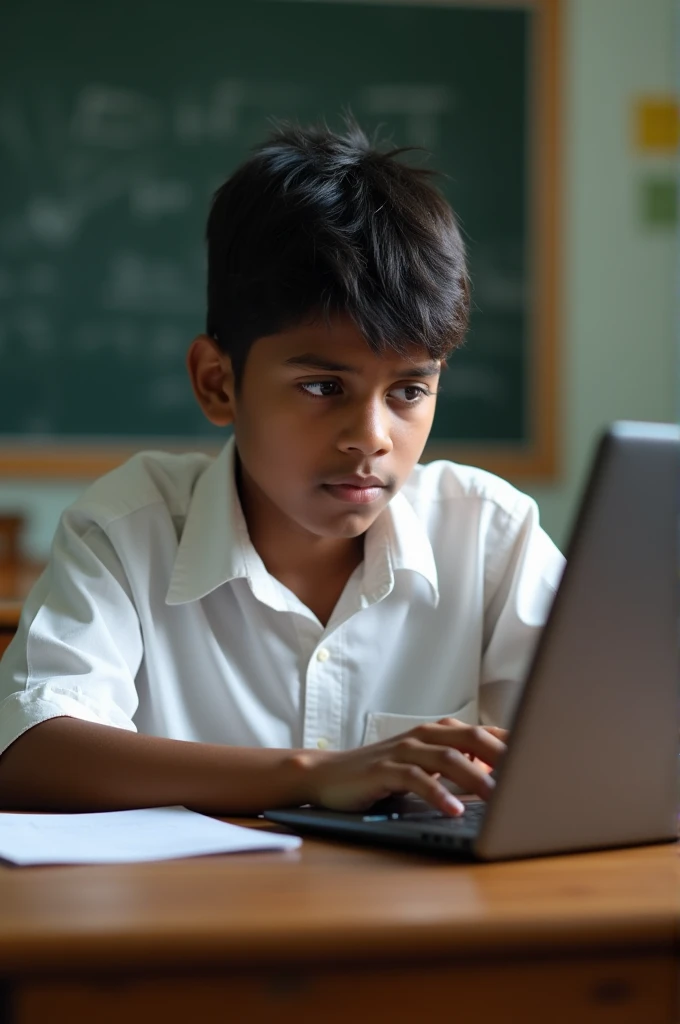 A sri lankan school boy wearing a white shirt, working on a laptop,writing an article,he looks very focused