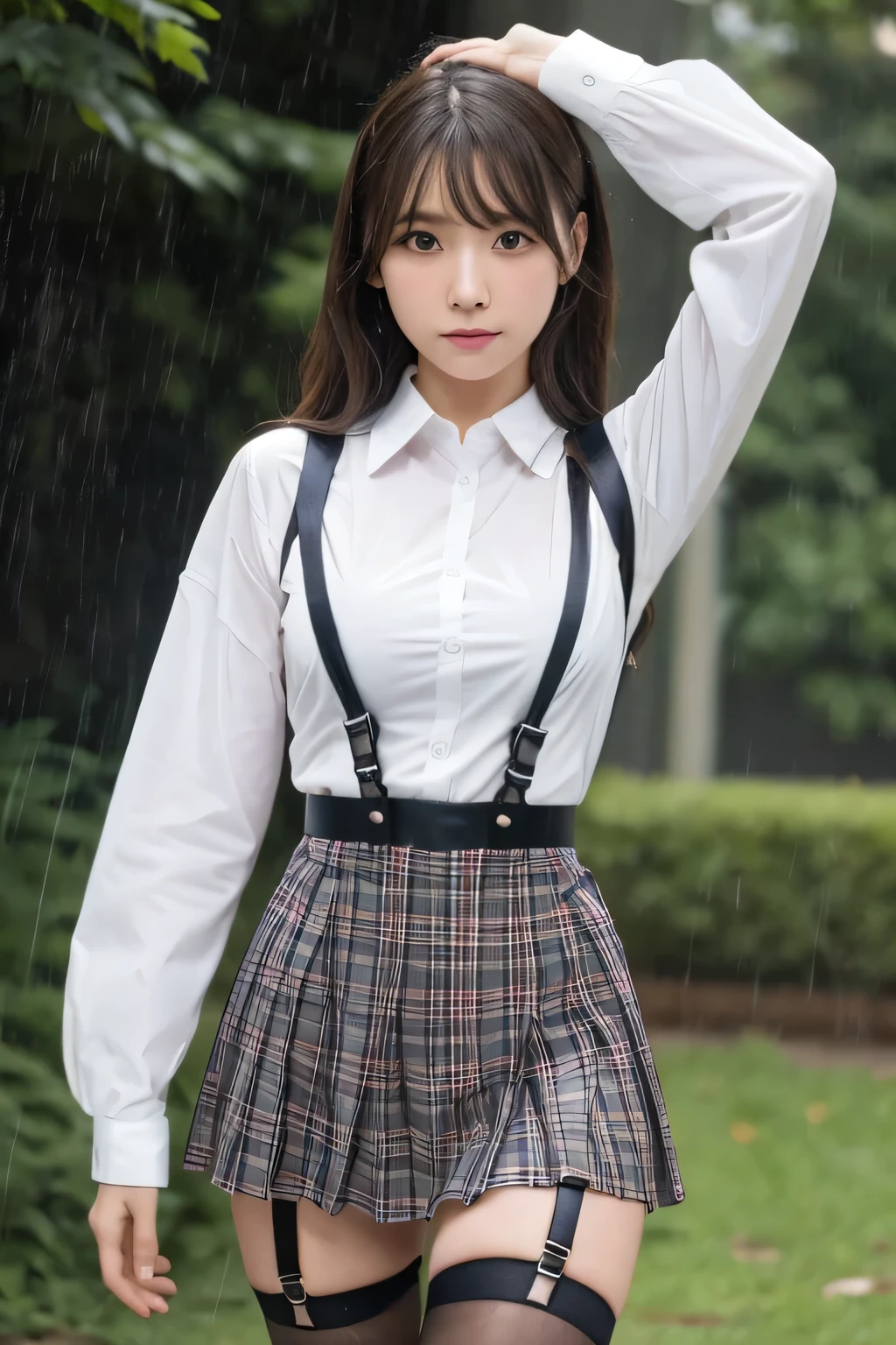 1 female, , high quality, masterpiece, Ultra-high resolution, Cinema Lighting, 1 female, , high quality, masterpiece, Ultra-high resolution, , Cinema Lighting, suspenders　　　Moderate breasts　 　 　　　　　 　　　　Small face　 　　　　　　　　　　　Looking up　　　　Sweat 　　　Thin belt　buzzer　脇Sweat 　　　　 　garter belt　　Belt on pants　　holster　 　　Hands behind your back　 　Looking up　Anxious face　Knee-high　Knee socks　Knee-highソックス 　garter　ふとももにgarter belt　Checkered mini skirt　 　　Panty shot　Skirt gap Armament　　　holster　holster 　　Hands behind your back　 Anxious expression　　Anxious face, legs apart　Armament　　Leg Holster　holster　See-through clothing　heavy rain　Rain-soaked dress shirt,Moderate breasts　ガーターbelt　suspenders　Garter on the thigh　Checkered mini skirt　Looking up　Pause　belt　Armpit sweat　Hands behind back　Raise your hands