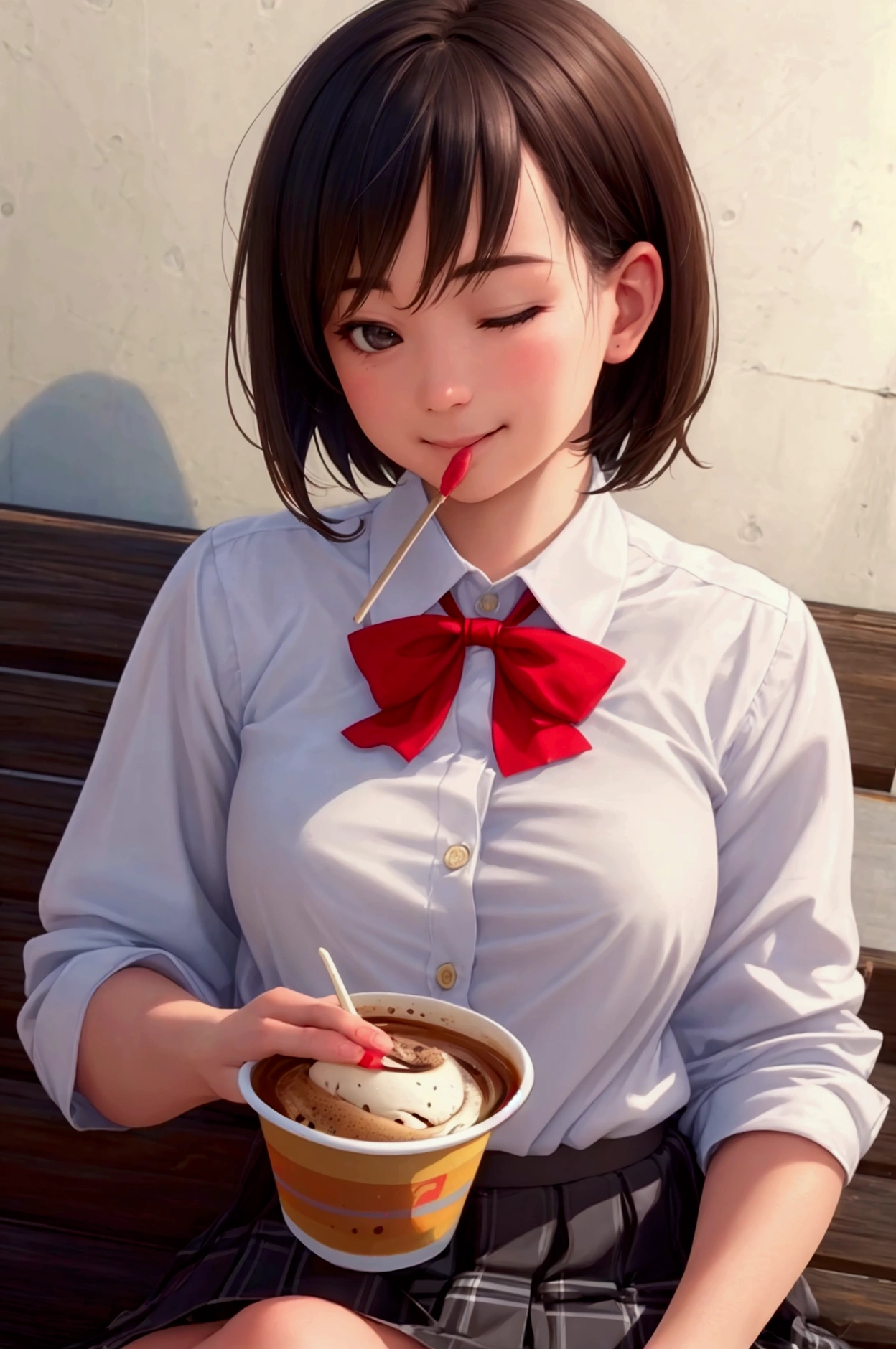 (8k, RAW Photos, Highest quality, masterpiece: 1.2), (Realistic, photo-Realistic: 1.37), Very detailed, 1 girl, cute, alone, Beautifully detailed skies, Detailed Coffee, night, Sitting, (My nose turned red), (smile: 1.1), (Mouth closed), Medium chest, Beautiful attention to detail, (Collared shirt: 1.1), bow tie, Pleated skirt, (short hair: 1.2), Long Hair, Eat a big ice cream,