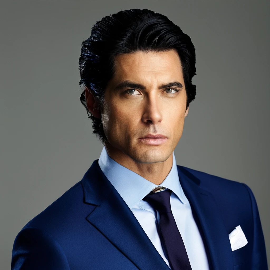 photo of a man with a black hair and a blue suit, portrait, color portrait, profile portrait, single portrait, simple background looking at viewer