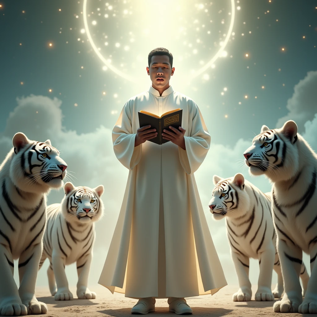 young Indonesian man preaching holding the Quran with divine light surrounding him along with several shining white tigers 
