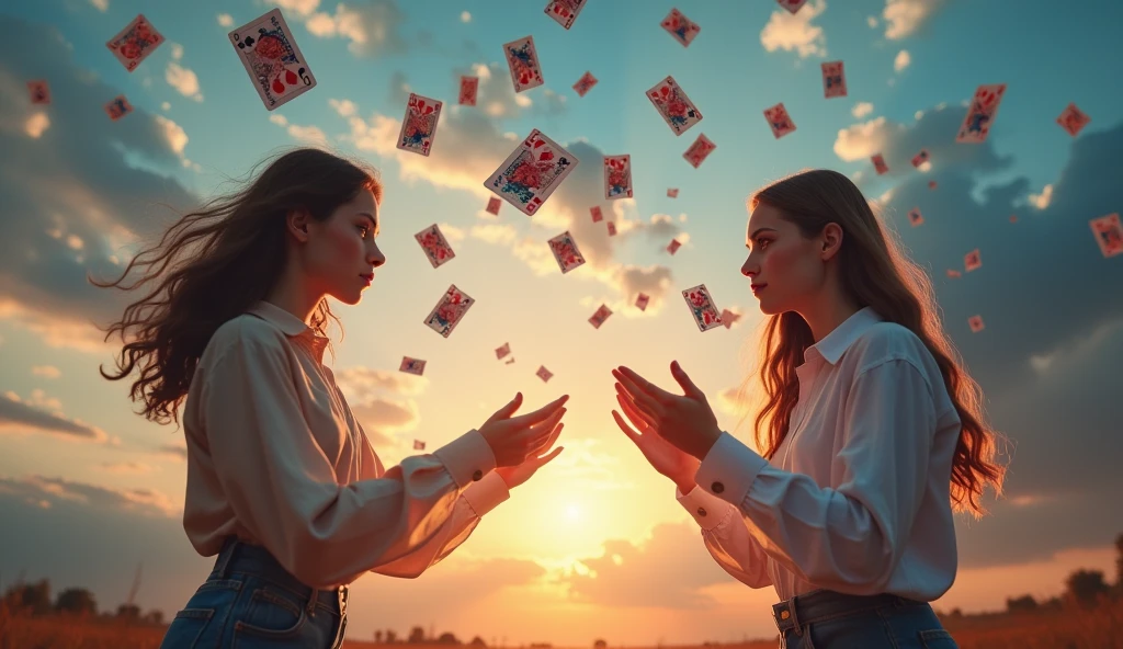 two girl play magic cards game, summon two female magician fighting with magic cards, many magic cards flying in sky, magic cards have photo on them, magic cards holding in all hands