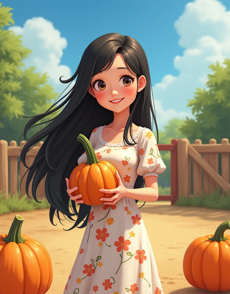 A 25-year-old girl,Black long hair,White floral dress,In the spacious farmyard,Background is fence,(((dishonesty)))Holding one(((Long pumpkin))),Very happy smile,Pixar style,Anime style