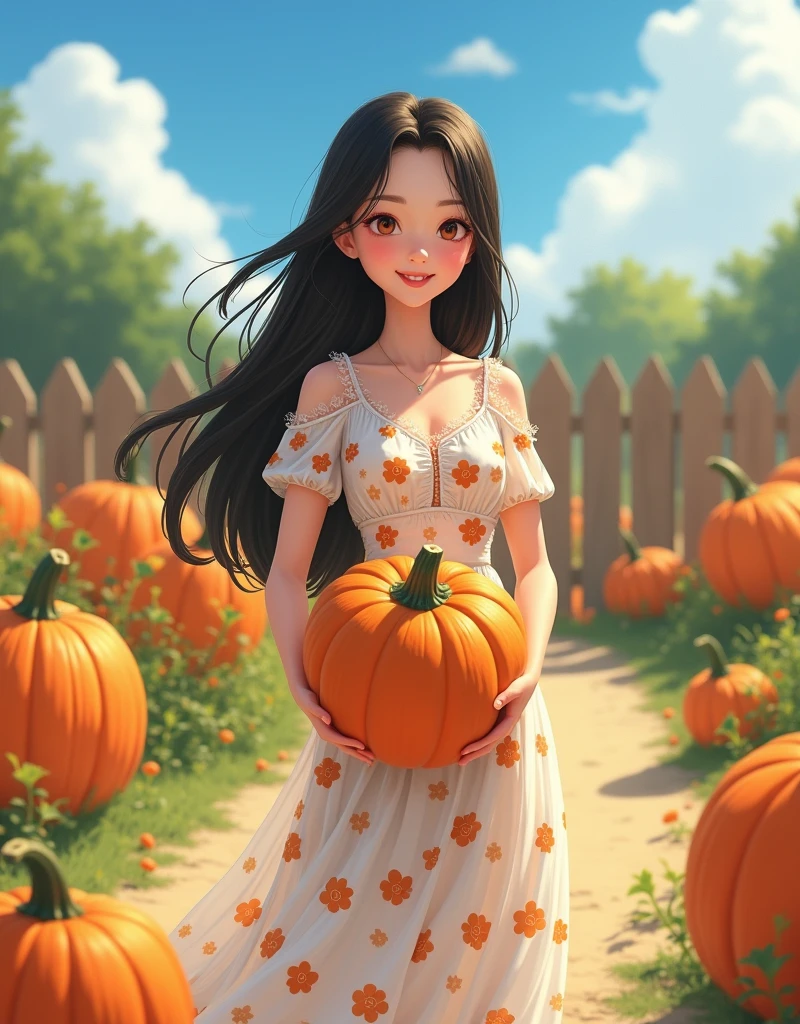 A 25-year-old girl,Black long hair,White floral dress,In the spacious farmyard,Background is fence,(((dishonesty)))Holding one(((Long pumpkin))),Very happy smile,Pixar style,Anime style