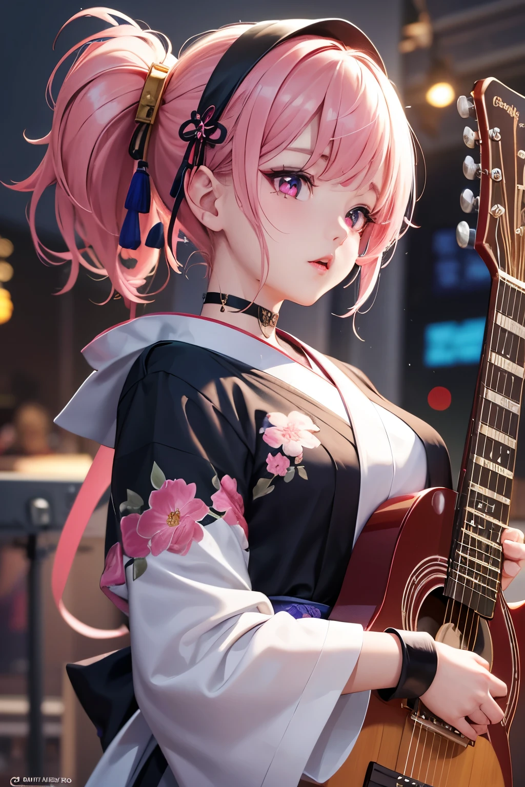 masterpiece, best quality, very detailed, high resolution, expensive resolution, high resolution, 4K, 8k, Unity 8k wallpaper, highly detailed CG, masterpiece, 2D, 3D, beautiful details, depth, fine texture, best quality: 1.3, perfect focus, crispy skin, he,
Very cute anime girl, girl playing guitar vocals in a band wearing a Japanese fancy floral haori hakama, on outdoor stage, full body, expensive pink and black short twin tail hair, mole under eye, looking at the viewer, expensive, blush, mole, lips open, , heart choker, pink eyes, guitar vocals, stage