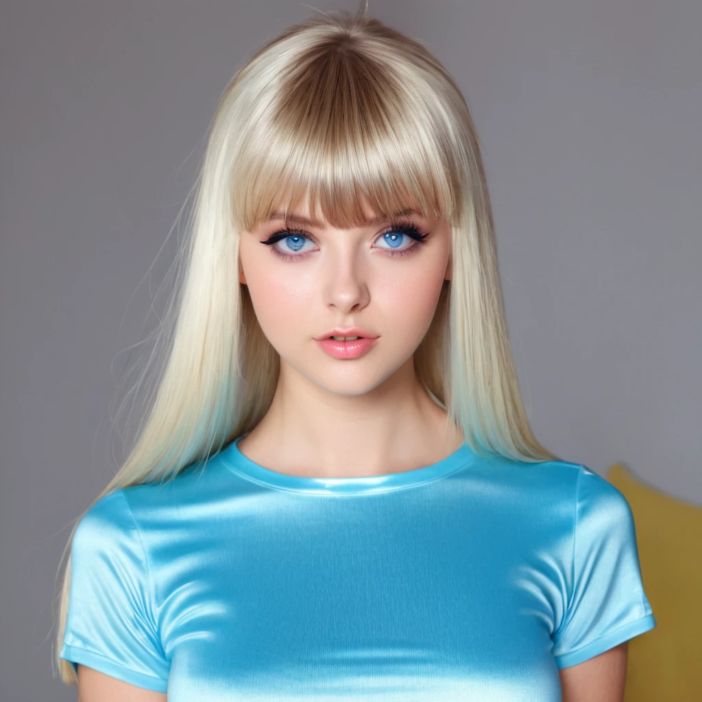 Unparalleled beauty, shiny shiny firm and shiny skin, bangs between eyes, shiny straight beautiful platinum blonde, super long straight silky hair, eyeliner, sexy beautiful innocent , high definition big big beautiful bright blue eyes, beautiful and lovely girl, baby face, short sleeve shirt