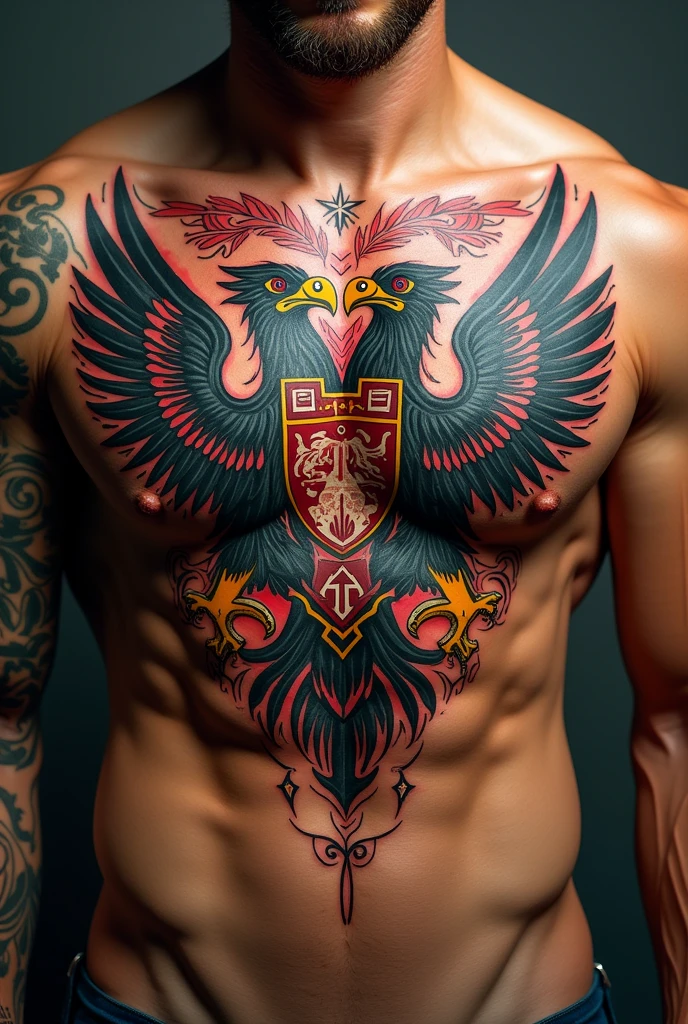 Create a chest tattoo with the Serbian eagle and the German eagle 

