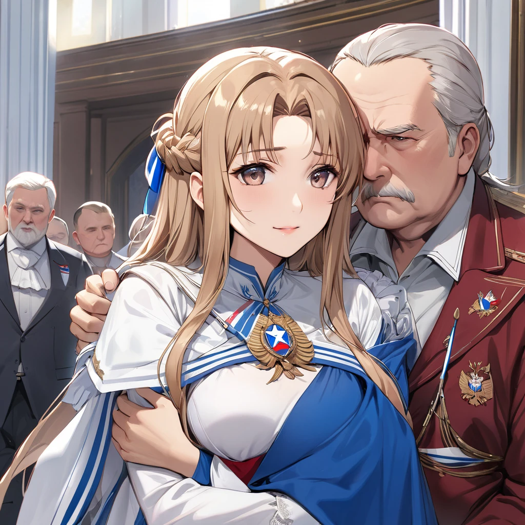 ((Highest quality)), ((masterpiece)), (detailed), (Perfect Face)、The woman is Yuuki Asuna, a Russian with light brown, semi-long hair.、The woman is a member of the United Russia party and is beautifully dressed in the fine attire and luxurious accessories appropriate for a party member.、She is a United Russia member who is dedicated to the cause of a great United Russia, and she deeply respects and worships the leader of the Great Russian Party, a United Russia supremacist.、The woman is embracing and following the great United Russia officials and working for the great Russia.