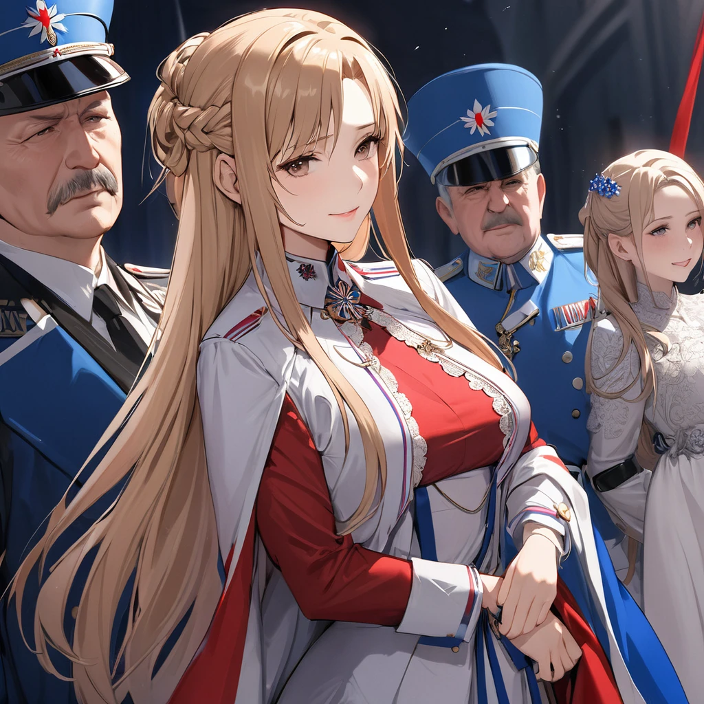 ((Highest quality)), ((masterpiece)), (detailed), (Perfect Face)、The woman is Yuuki Asuna, a Russian with light brown, semi-long hair.、The woman is a member of the United Russia party and is beautifully dressed in the fine attire and luxurious accessories appropriate for a party member.、She is a United Russia member who is dedicated to the cause of a great United Russia, and she deeply respects and worships the leader of the Great Russian Party, a United Russia supremacist.、The woman is embracing and following the great United Russia officials and working for the great Russia.