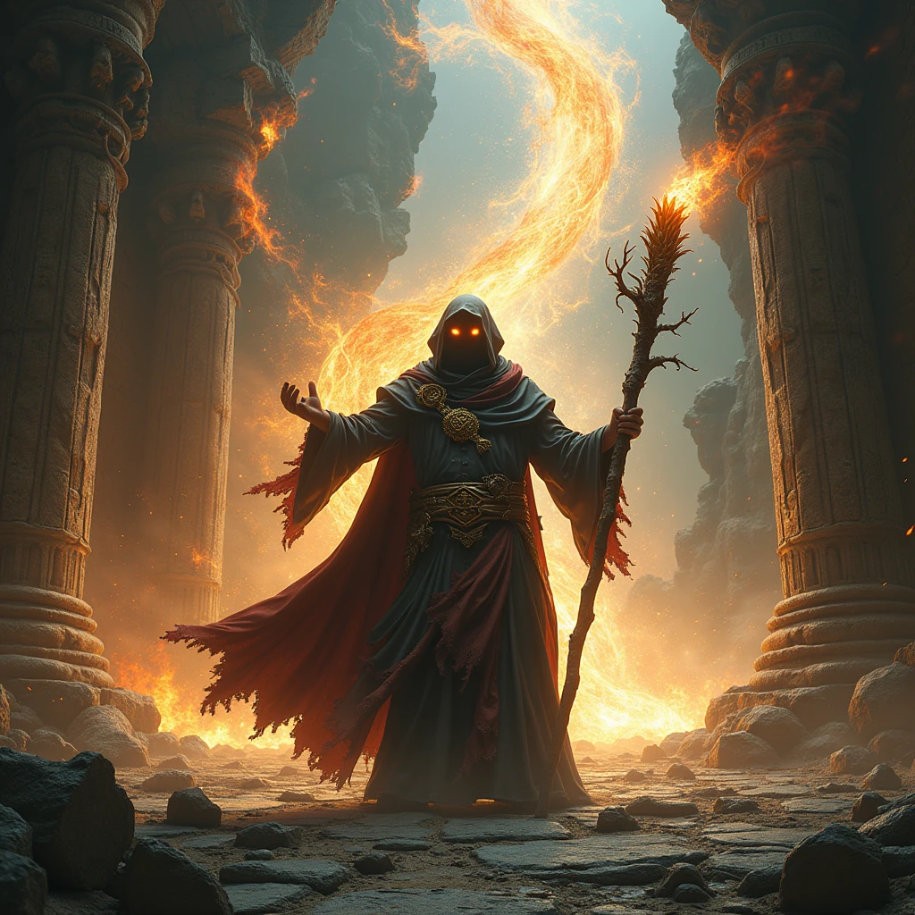 A wild sorcerer standing in the center of a crumbling ancient temple, surrounded by wild, chaotic magic that crackles with untamed energy. The air is filled with swirling arcane symbols, and the ground trembles with raw power. (masterpiece, ultra detailed, 8K, high resolution, dynamic lighting, photorealistic, cinematic composition)