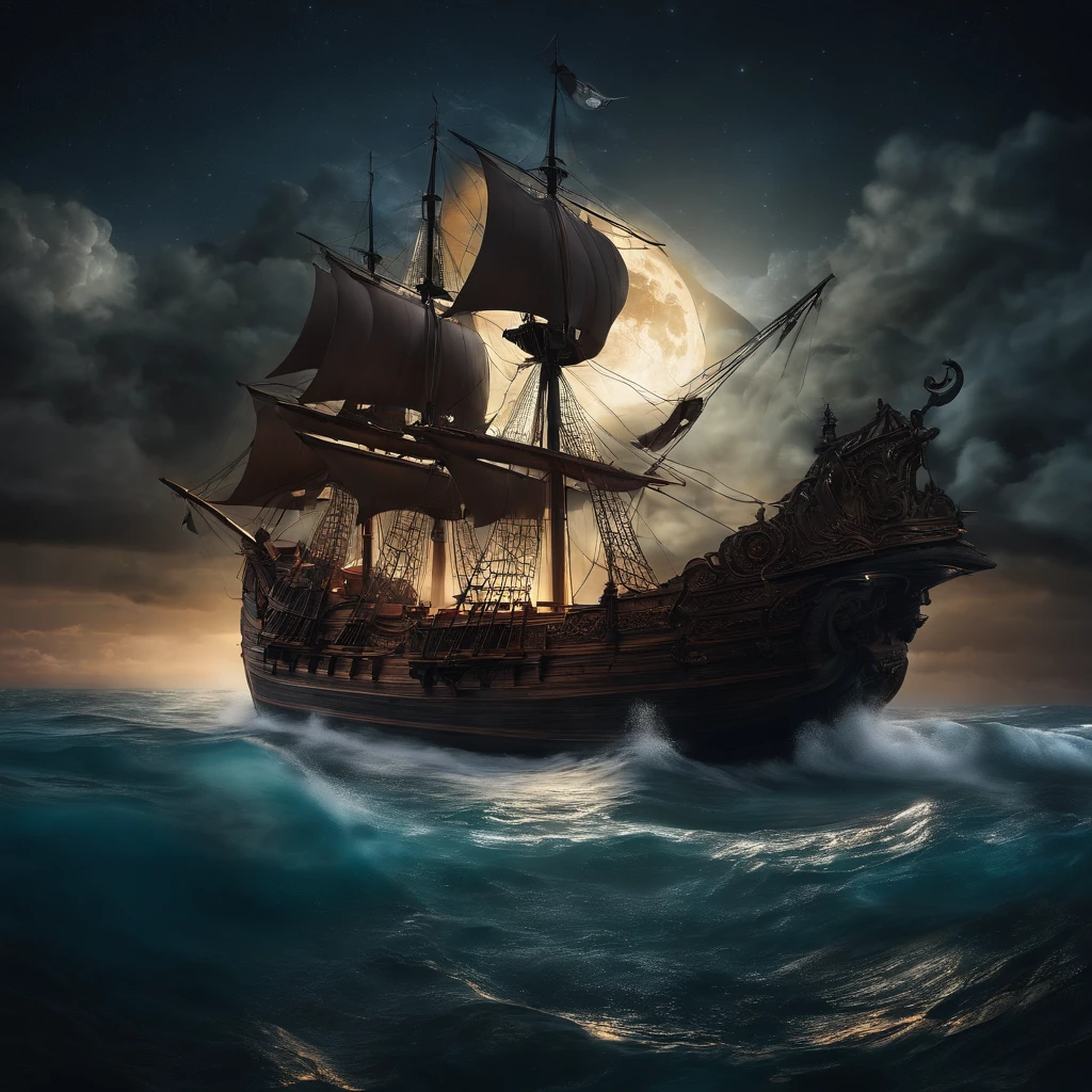 Ocean at night lit well by star and moon light coming through cloud, on a Caravel being attack by a krakens tenticals