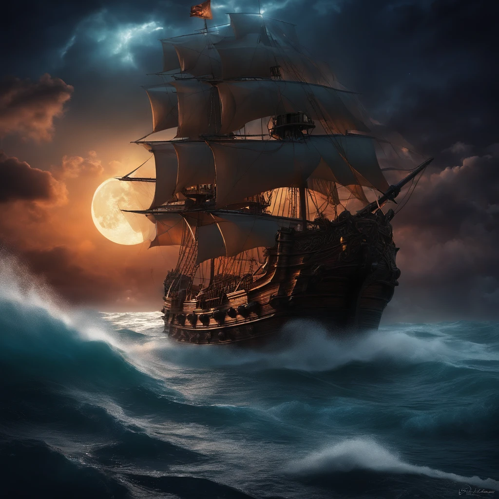 Ocean at night lit well by star and moon light coming through cloud, on a Caravel being attack by a krakens tenticals