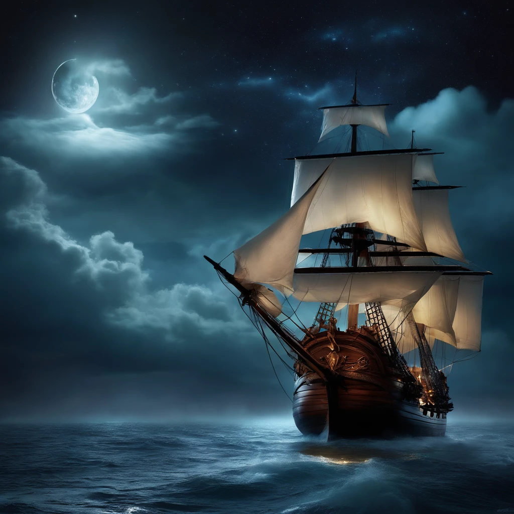 Ocean at night lit well by star and moon light coming through cloud, on a Caravel being attack by a krakens tenticals