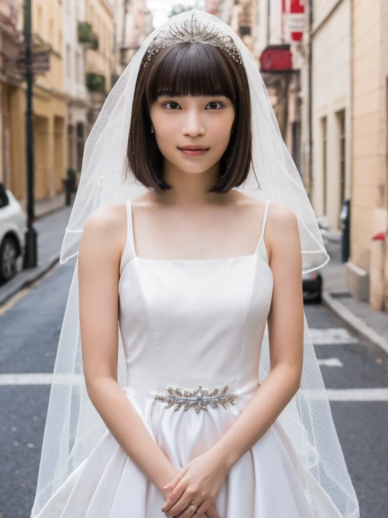 One Girl, (beautiful girl, Delicate girl:1.3), (14 years old:1.3),
break, (Bride Costume:1.3),
break, (Standing on a street corner:1.2),
break, Very beautiful eyes, (Symmetrical eyes:1.3),
break, Small breasts, Brown eyes, Parted bangs, Brown Hair, (Upper teeth, The best smile:0.2),
break, (Eye and facial details:1.0),
break, (masterpiece, Highest quality, Very detailed, Detailed face, 8k)