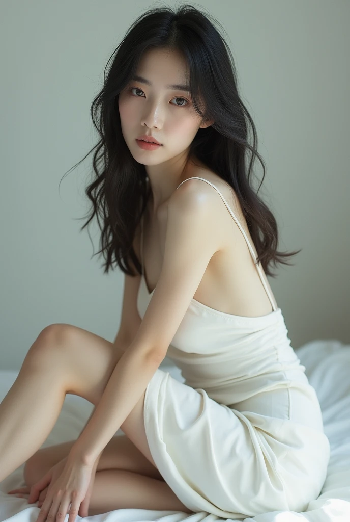 Arafed Asian woman with long black hair and a white dress, (12x) extremely pale white skin, soft pale white skin, Seulgi from Red Velvet, with pale skin, very pale white skin, pale fair skin!!, pale white skin, very very pale white skin, pale porcelain white skin, pale beautiful skin, extremely pale white skin, very very very pale white skin, naked spreading her legs seducing wet naked spreading her legs her pussy can be seen
