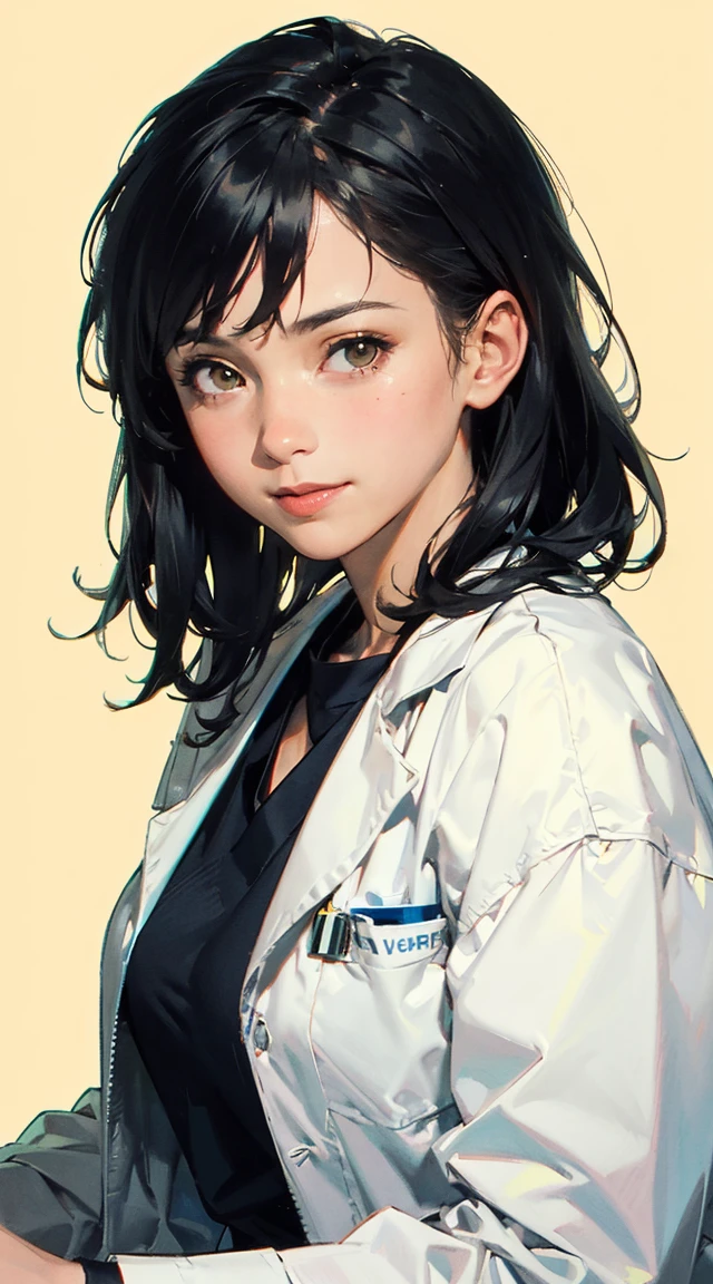 masterpiece, best quality, 8k, absurdres, (upper body:1.4), white shirt, beautiful girl, pretty face, looking at viewer, smile, ultra realistic, highres, photography, film grain, chromatic aberration, sharp focus, HDR, facelight, dynamic lighting, cinematic lighting, professional shadow, simple background, (dull yellow background:1.4), highest detailed, extreme detailed, ultra detailed, finely detail, 1lady solo, sitting, (looking at viewers), (white lab coat) stylish outfit, mature female, /(black hair/) bangs, kind smile, (masterpiece best quality:1.2) delicate illustration ultra-detailed, large breasts, pantyhose BREAK (hospital examination room) indoors, work desk, (x-ray photo), detailed background