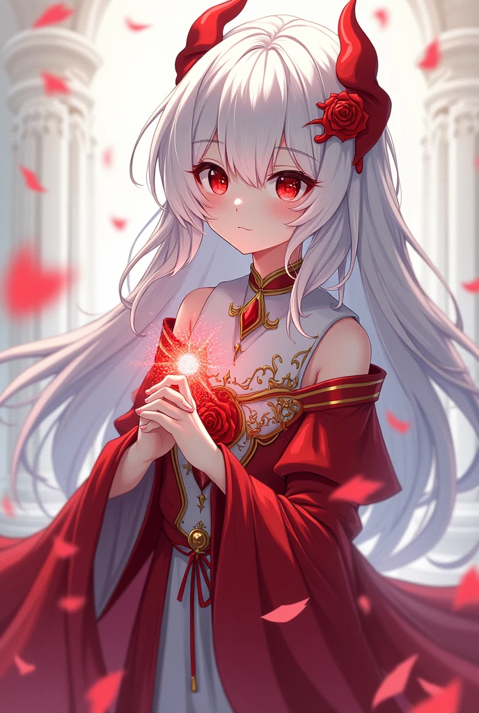The sketch of an anime character with white hair and red eye wearing red and white mage clothing