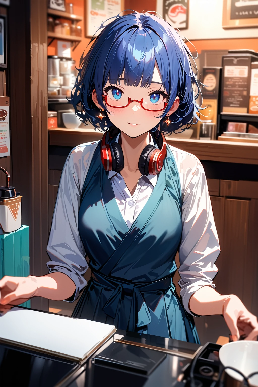 ((top-quality)), ((masterpiece)), ((ultra-detailliert)), (extremely detailed fine touch:1.3), (2D:1.3), solo, 1girl, waitress, (((semi-rimless eyewear:1.3))), (headphone around neck:1.2), sparkling earrings, bedroom eyes, short hair, messy hair, blunt bangs, traditional hakama, extremely detailed retro coffee shop,