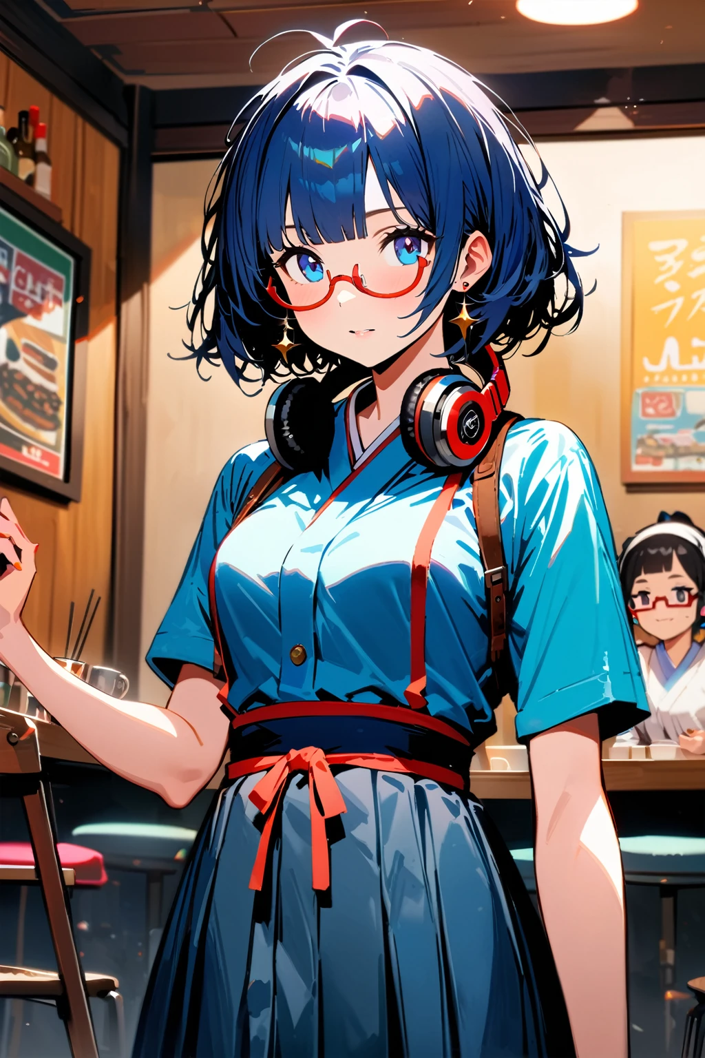 ((top-quality)), ((masterpiece)), ((ultra-detailliert)), (extremely detailed fine touch:1.3), (2D:1.3), solo, 1girl, waitress, (((semi-rimless eyewear:1.3))), (headphone around neck:1.2), sparkling earrings, bedroom eyes, short hair, messy hair, blunt bangs, traditional hakama, extremely detailed retro coffee shop,