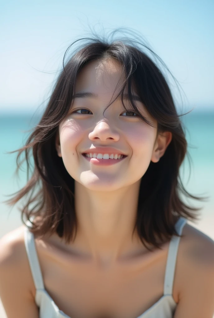 Beautiful 20-year-old Japanese woman with dark hair, looking up at us in front from below. Summer beach in the background.