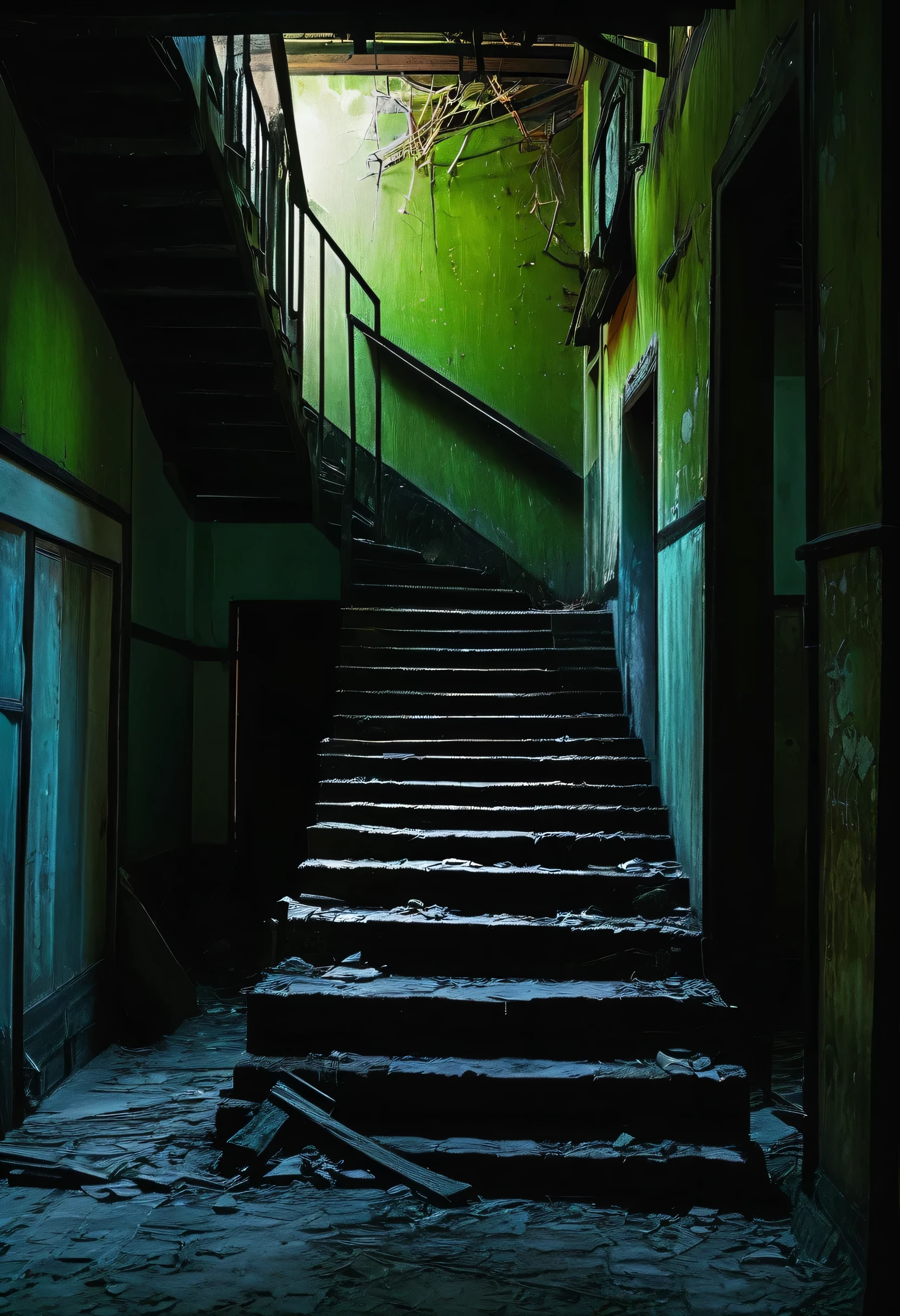 A hauntingly beautiful image of an old, abandoned Asian house with a dimly lit, narrow staircase. The staircase leads to darkness, with only a single broken fluorescent warm light lamp, dimly light. At the base of the stairs lies a broken, dirty doll, seemingly abandoned and forgotten. The atmosphere is eerie and unsettling, with an air of dark fantasy and an overall luminal style. The cinematic quality of the photo adds to the haunting ambiance, as if it's a scene from a horror film., cinematic, dark fantasy, photo