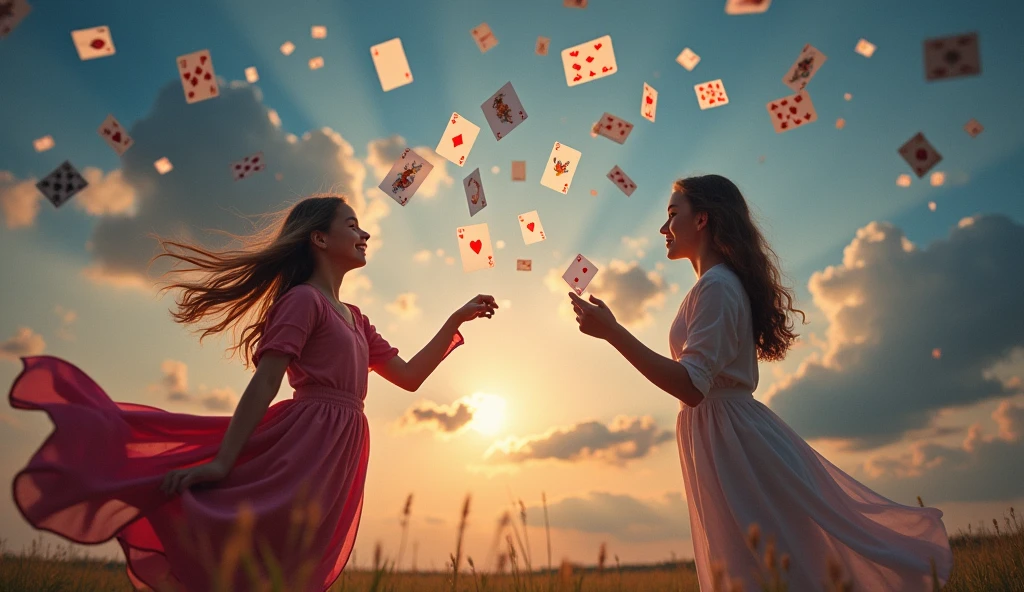 two girls play magic cards game, two girls summon two female magician fighting with magic cards, many magic cards flying in sky, magic cards have photo on them, magic cards holding in all hands