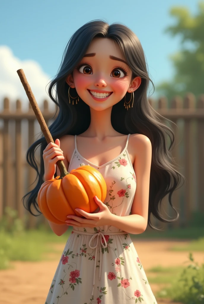 A 25-year-old girl，Black long hair，White floral dress，In the spacious farmyard，Background is fence，(((dishonesty)))Holding one(((Long pumpkin)))，Happy smile，Grin，Show your teeth，Pixar style，Anime style