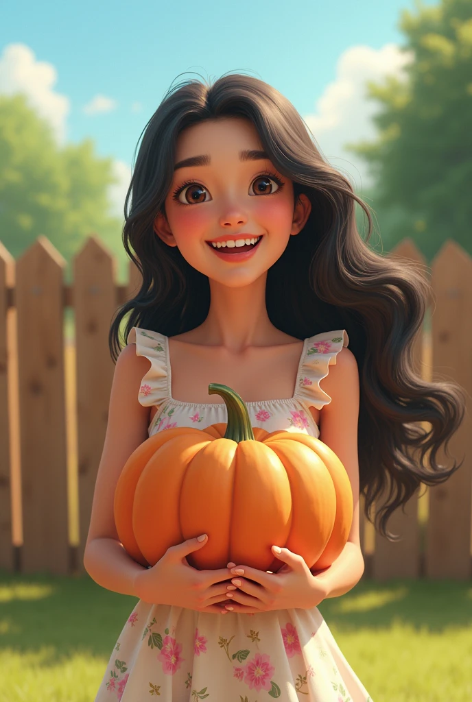 A 25-year-old girl,Black long hair,White floral dress,In the spacious farmyard,Background is fence,(((dishonesty)))Holding one(((Long pumpkin))),Happy smile,Grin,Show your teeth,Pixar style,Anime style