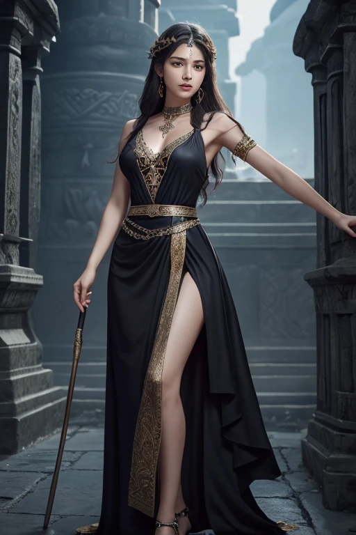 Beautiful and attractive woman , Greek mythological witch、The line of sight is sharp、Around 20 years old、temple、whole body、((Photorealistic))、High definition、Realistic texture