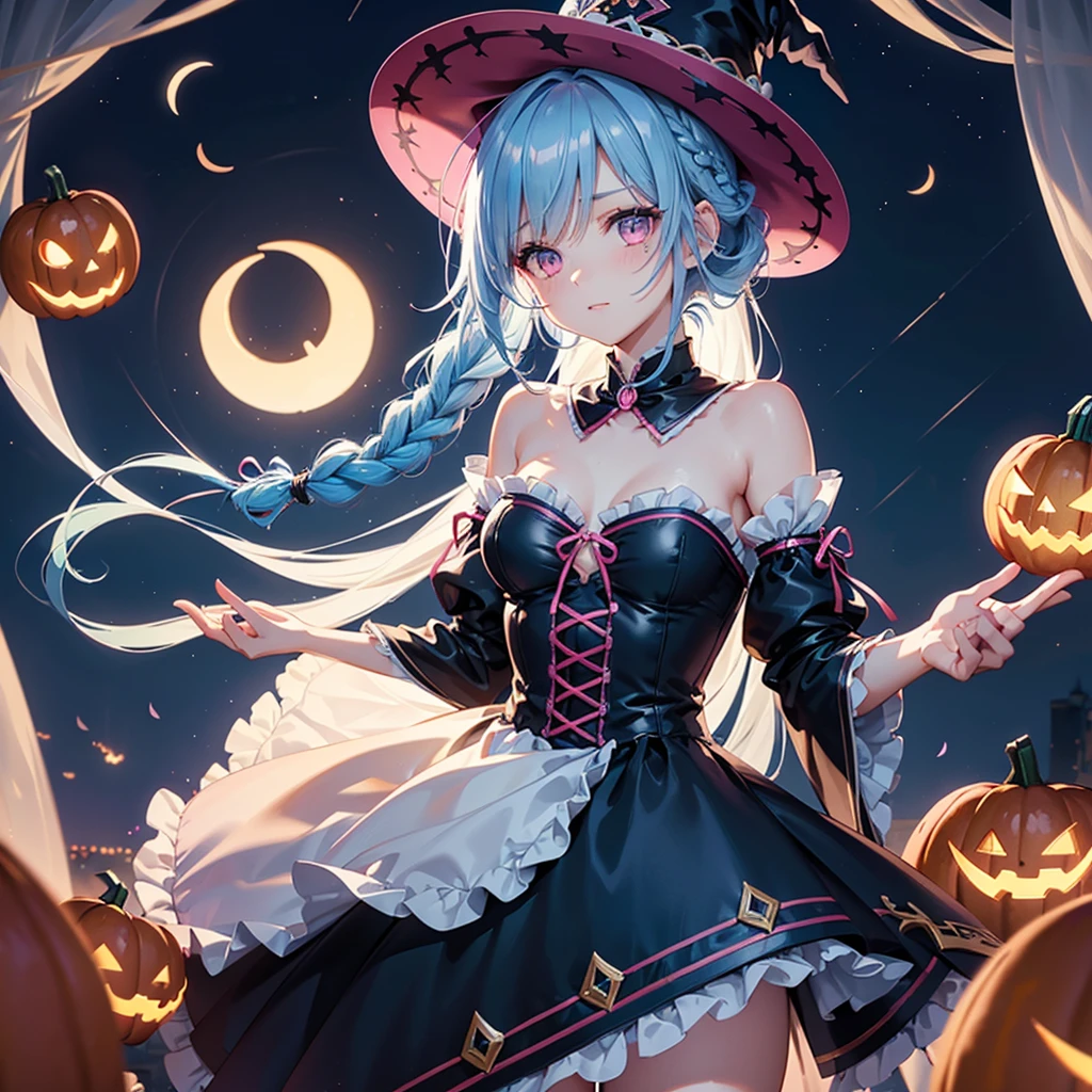 (Sky Blue Hair),(Braided medium hair:1.2), (Pink Eyes),Fair skin) ,(whole body),(One Girl),(Crescent Moon),(There are many pumpkin ghosts in the background),(If you don't give me sweets, I'll be mischievous.),Halloween Night Party),(masterpiece, Highest quality, Very detailed, Best Shadow), (Detailed Background), (Beautifully detailed face), High Contrast, (Best lighting, Very delicate and beautiful), ((Cinematic Light)), Hyper Detail,8k, Dramatic Light, Intricate details,Witch's Clothes,Magic broom,night,Bats flying in the background,