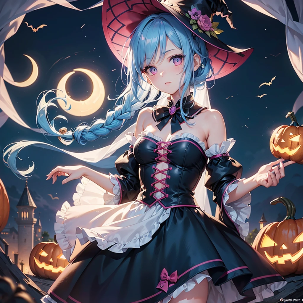 (Sky Blue Hair),(Braided medium hair:1.2), (Pink Eyes),Fair skin) ,(whole body),(One Girl),(Crescent Moon),(There are many pumpkin ghosts in the background),(If you don't give me sweets, I'll be mischievous.),Halloween Night Party),(masterpiece, Highest quality, Very detailed, Best Shadow), (Detailed Background), (Beautifully detailed face), High Contrast, (Best lighting, Very delicate and beautiful), ((Cinematic Light)), Hyper Detail,8k, Dramatic Light, Intricate details,Witch&#39;s Clothes,Magic broom,night,Bats flying in the background,