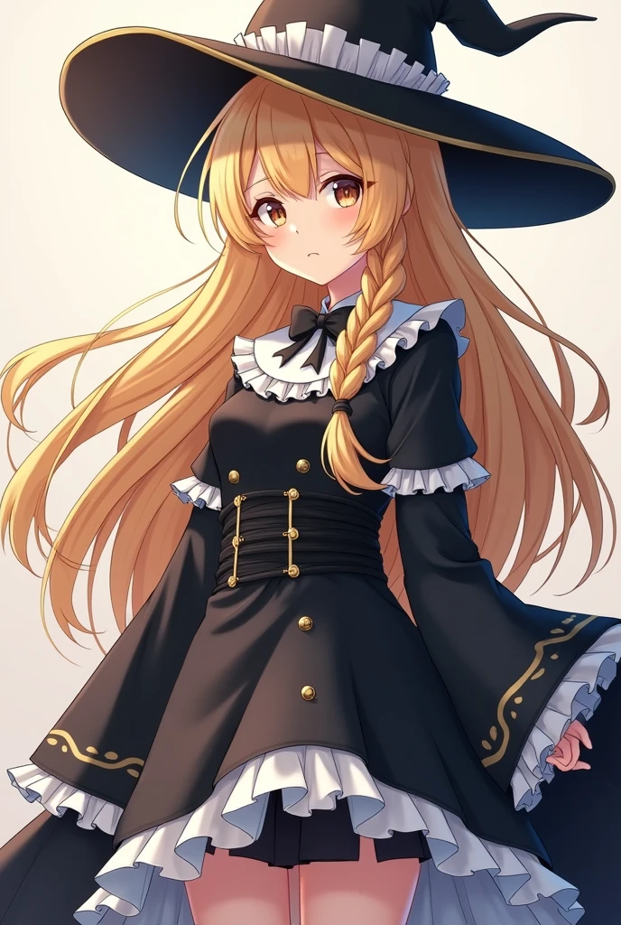 With an anime-like pattern、A wizard with long blonde hair、Only the right side is braided.。Wearing a black wizard&#39;s hat。The eyes are brown。Please draw a girl wearing black and white frilly clothes like a wizard.。