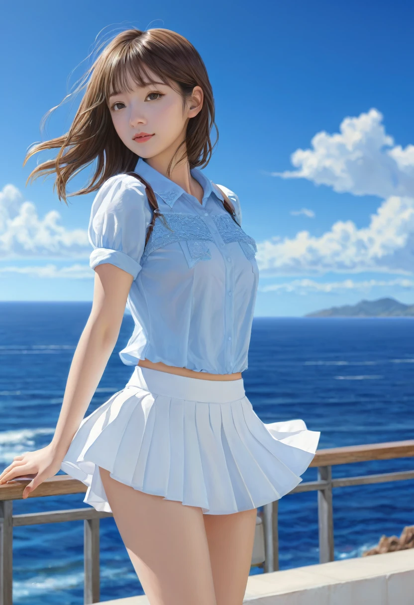 1 girl,solo,blue sky, ocean, short skirt, (very detailed background:1.0), (highly detailed background:1.0),
