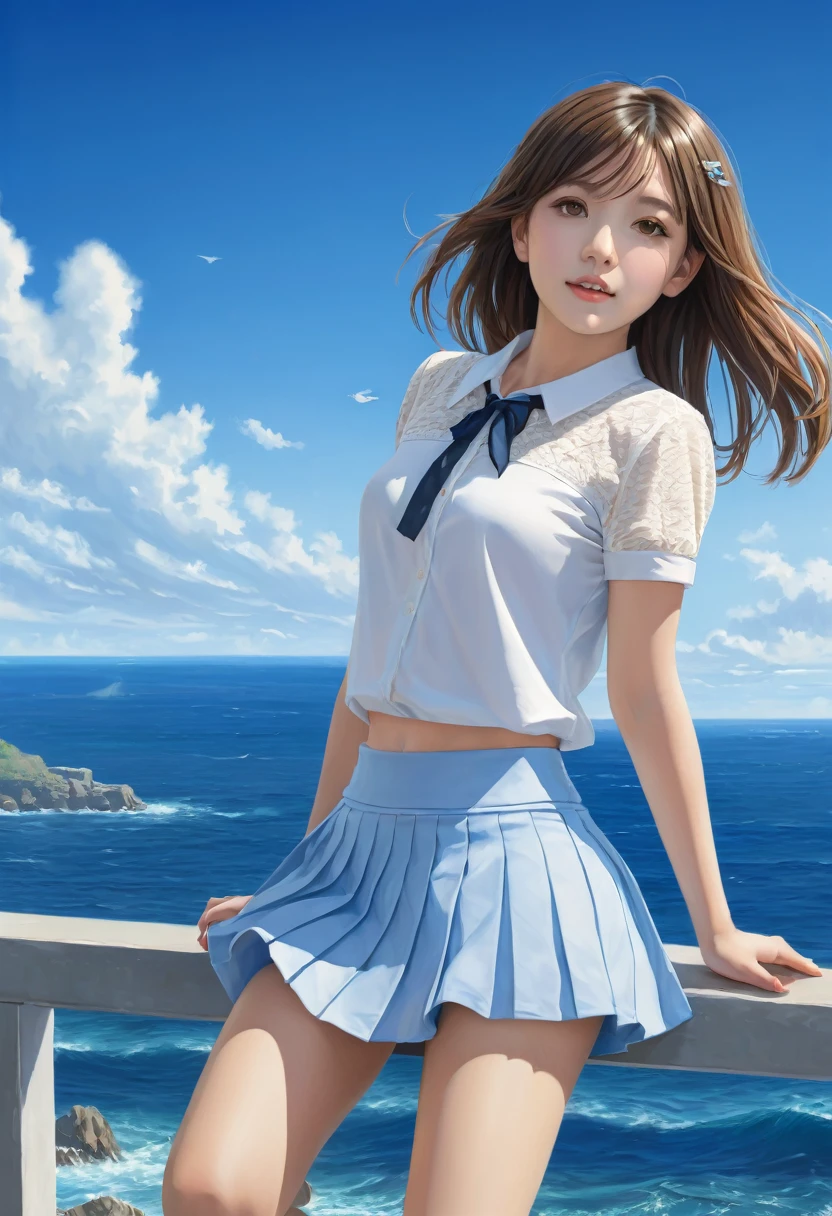 1  girl,solo,blue sky, ocean, short skirt, (very detailed background:1.0), (highly detailed background:1.0),