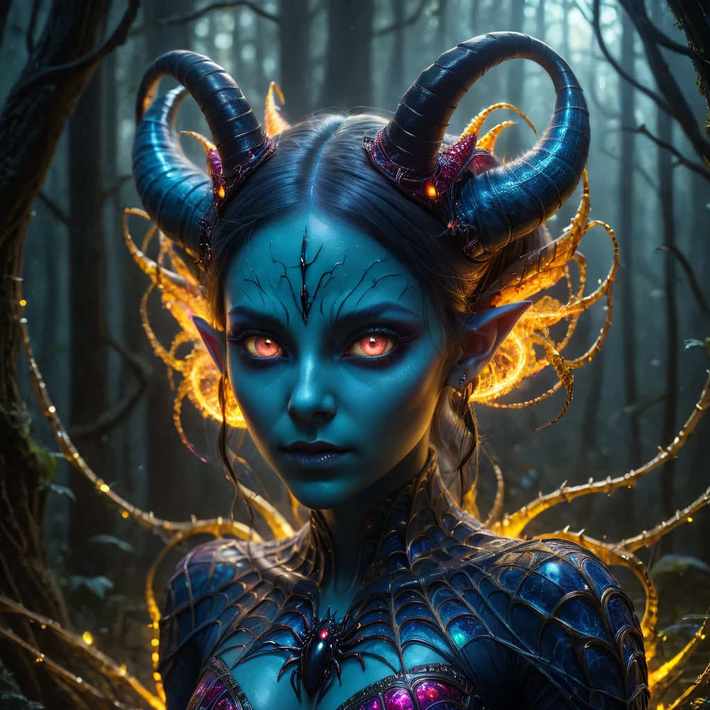 Fantastic and mysterious mystical girl monster. alien. frightening, nightmarish, fractal color scales, Various different horns made of multi-colored glass.. Eyes burning with fractal fire. Ears covered with fiber optic wool.. The claws are diamonds. Mysterious forest background full of spider webs and lights. . Surrealism mixed with hyperrealism, Very detailed, golden ratio. uhd drawing, art station, cinematographic, perfect composition, 32K, artistic photography, Photorealistic concept art, dramatic light. Genius. perfect composition,Half profile, Beautifully detailed, Incredibly detailed octane rendering trends