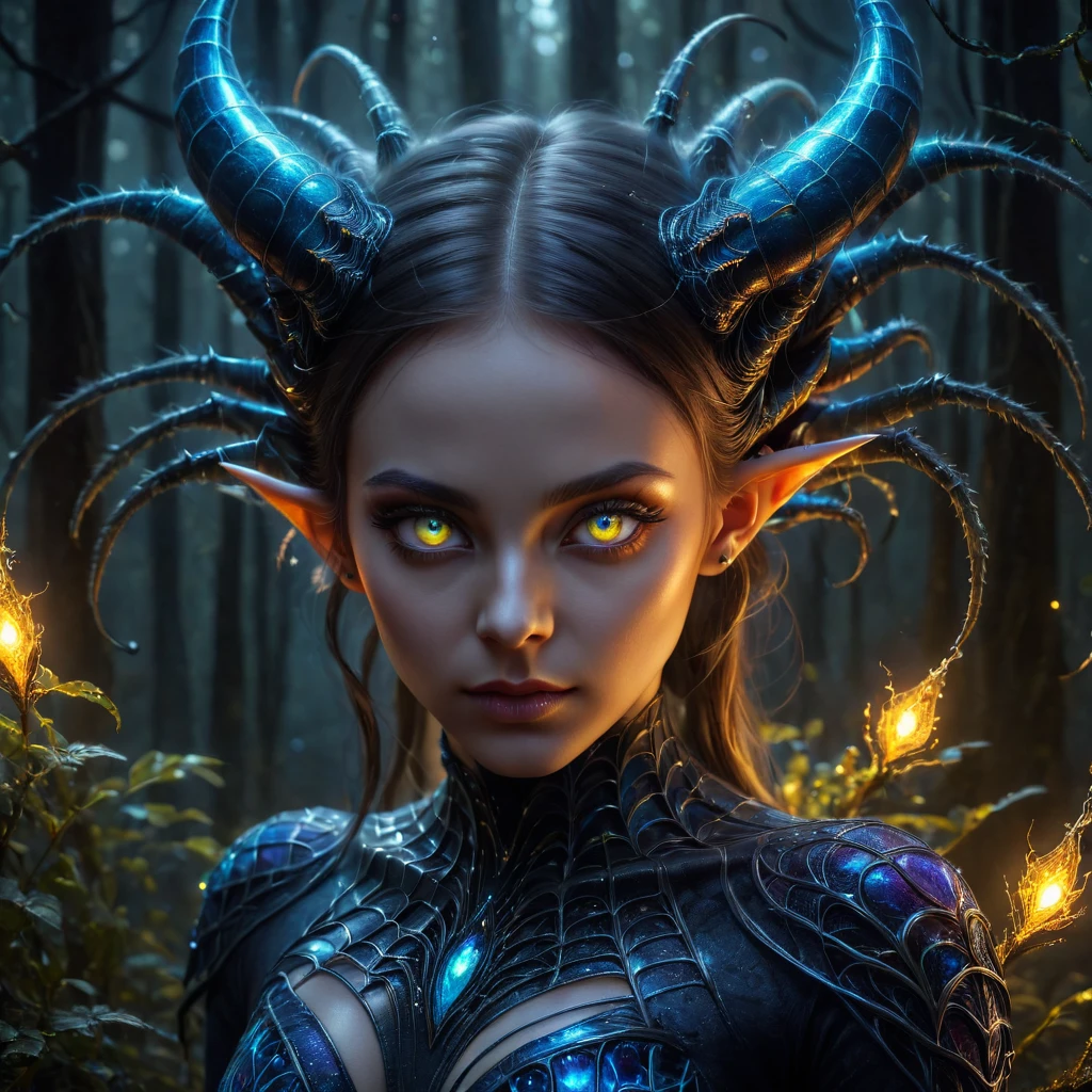 Fantastic and mysterious mystical girl monster. alien. frightening, nightmarish, fractal color scales, Various different horns made of multi-colored glass.. Eyes burning with fractal fire. Ears covered with fiber optic wool.. The claws are diamonds. Mysterious forest background full of spider webs and lights. . Surrealism mixed with hyperrealism, Very detailed, golden ratio. uhd drawing, art station, cinematographic, perfect composition, 32K, artistic photography, Photorealistic concept art, dramatic light. Genius. perfect composition,Half profile, Beautifully detailed, Incredibly detailed octane rendering trends