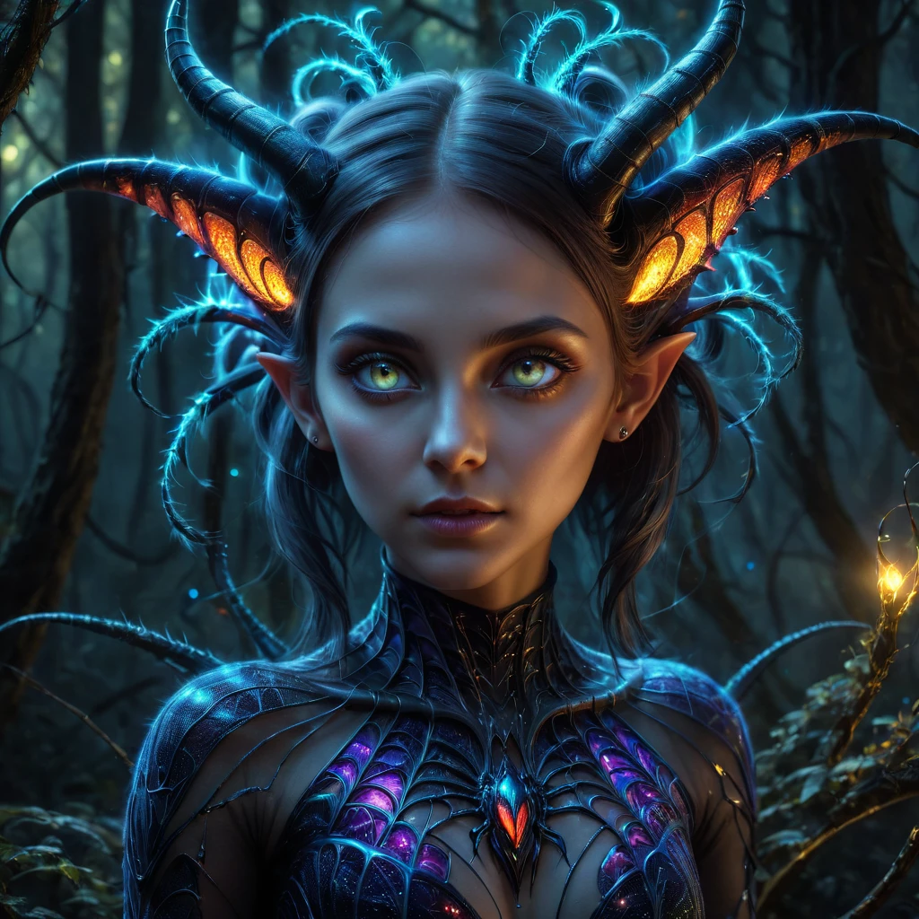 Fantastic and mysterious mystical girl monster. alien. frightening, nightmarish, fractal color scales, Various different horns made of multi-colored glass.. Eyes burning with fractal fire. Ears covered with fiber optic wool.. The claws are diamonds. Mysterious forest background full of spider webs and lights. . Surrealism mixed with hyperrealism, Very detailed, golden ratio. uhd drawing, art station, cinematographic, perfect composition, 32K, artistic photography, Photorealistic concept art, dramatic light. Genius. perfect composition,Half profile, Beautifully detailed, Incredibly detailed octane rendering trends
