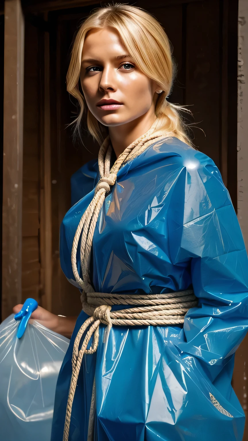 a stunningly beautiful blond woman completely wrapped up from head to toe in blue plastic garbage bags is tightly tied up with rope wrapped around her like a helpless living mummy, she is completely covered with plastic, forced against her will, bright day, extremely photorealistic photo, highly detailed photo, portrait