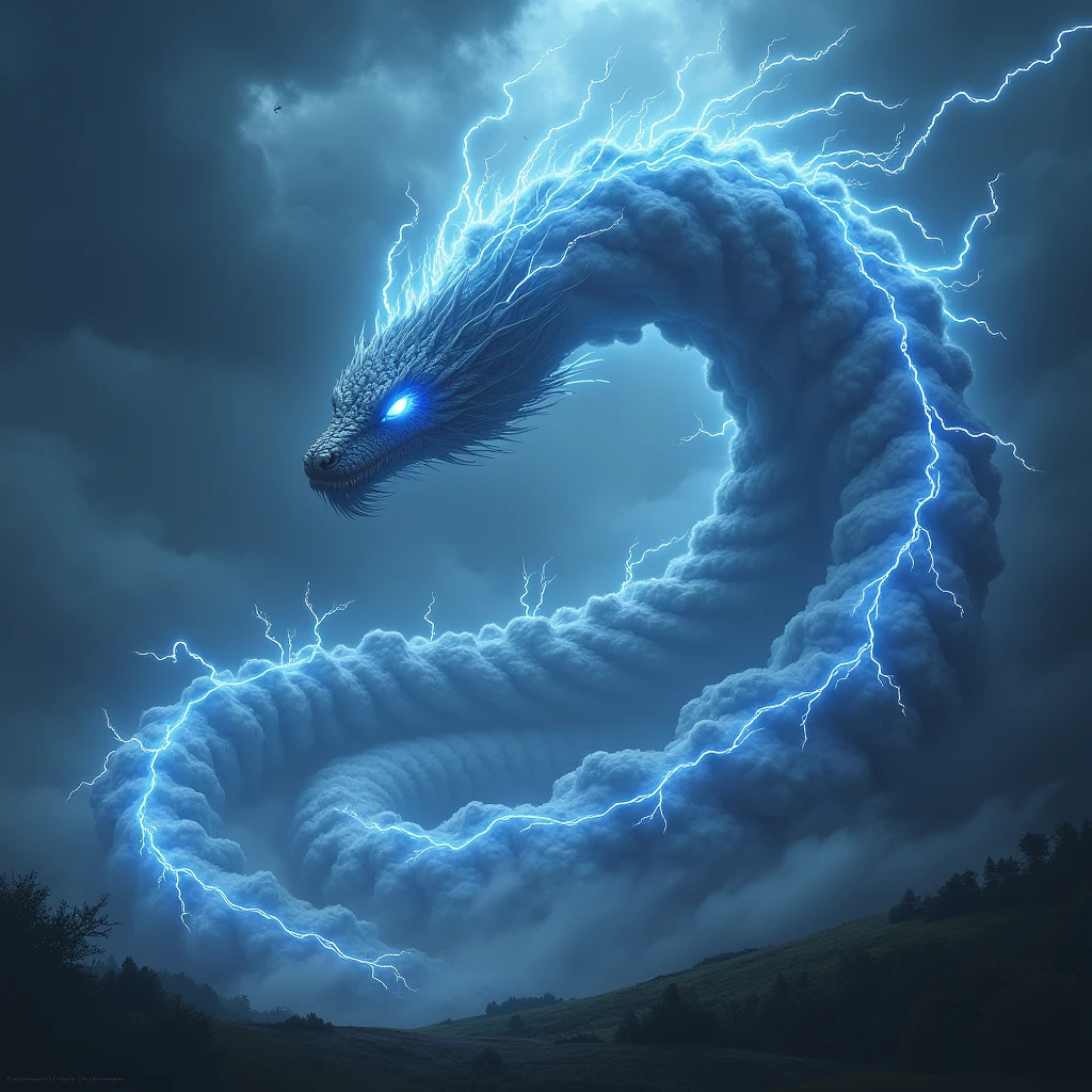 A colossal, wild serpent made of storm clouds and lightning, twisting and coiling through the sky. Its eyes are glowing orbs of electric blue, and its scales shimmer with the colors of a raging storm. The world below is darkened by its presence. (high resolution, ultra detailed, 8K, photorealistic, dynamic lighting, cinematic scale, dramatic atmosphere)