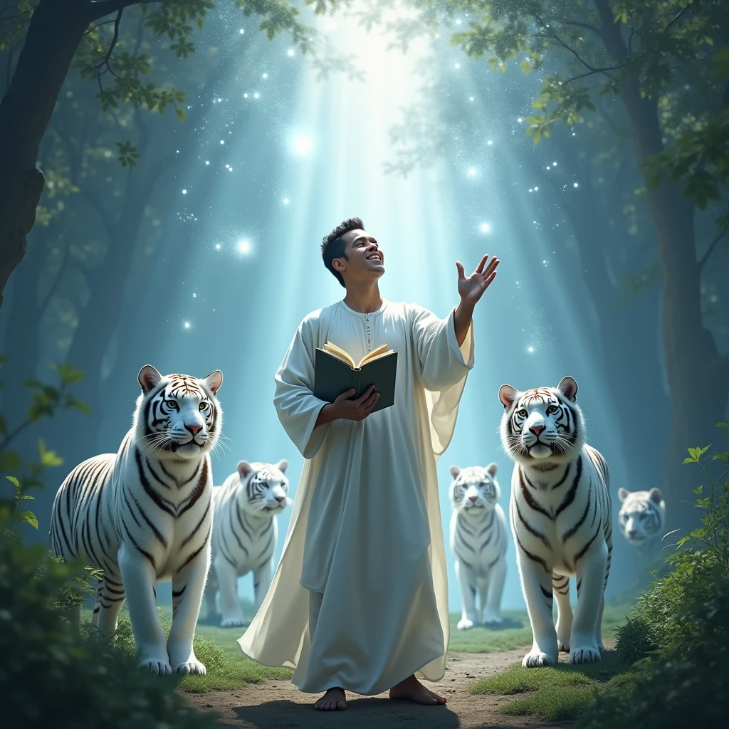 young Indonesian man preaching holding the Quran with divine light surrounding him along with several shining white tigers 